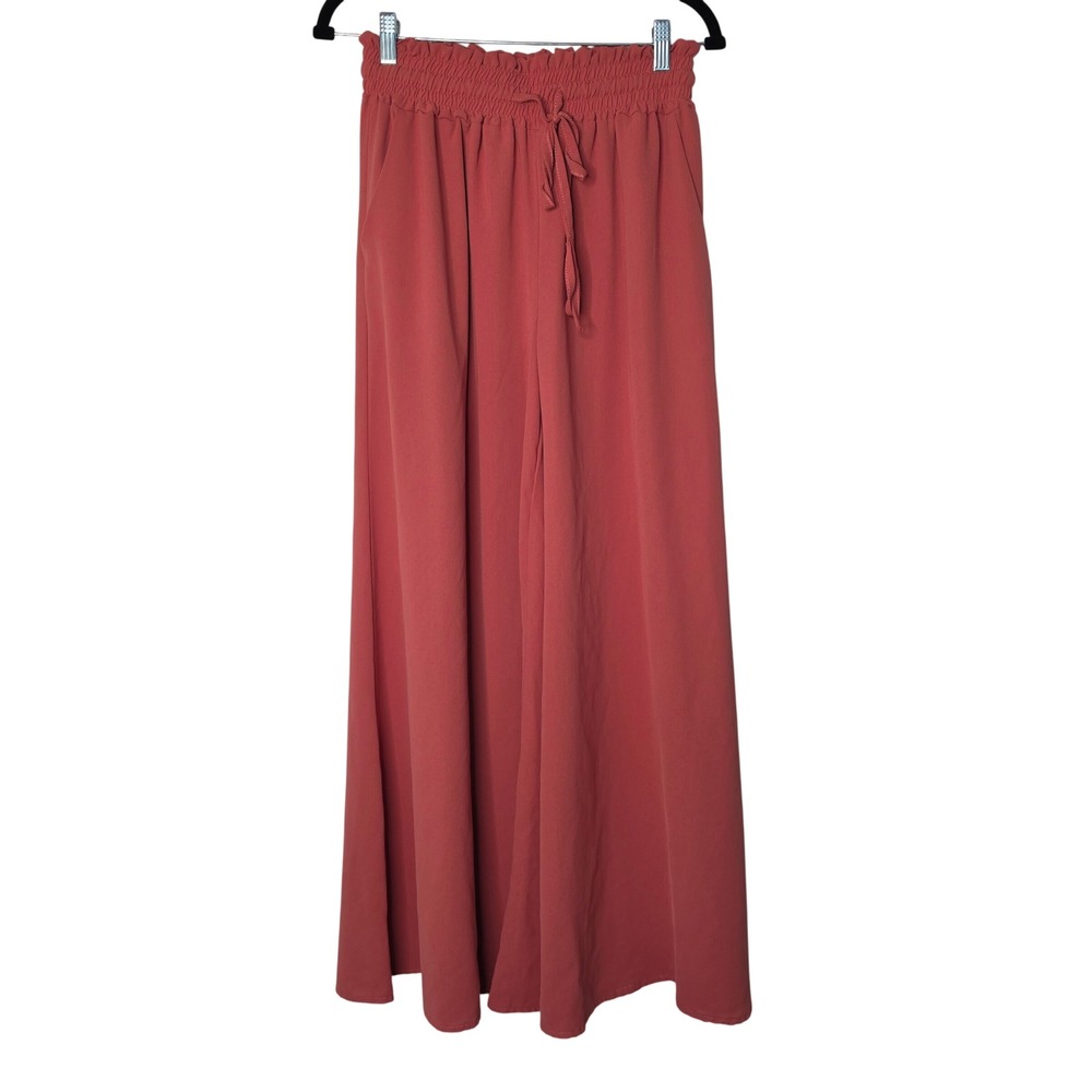 Unbranded Wide Leg Pants Women L Terracotta Smocked High Waist Drawstring Flowy